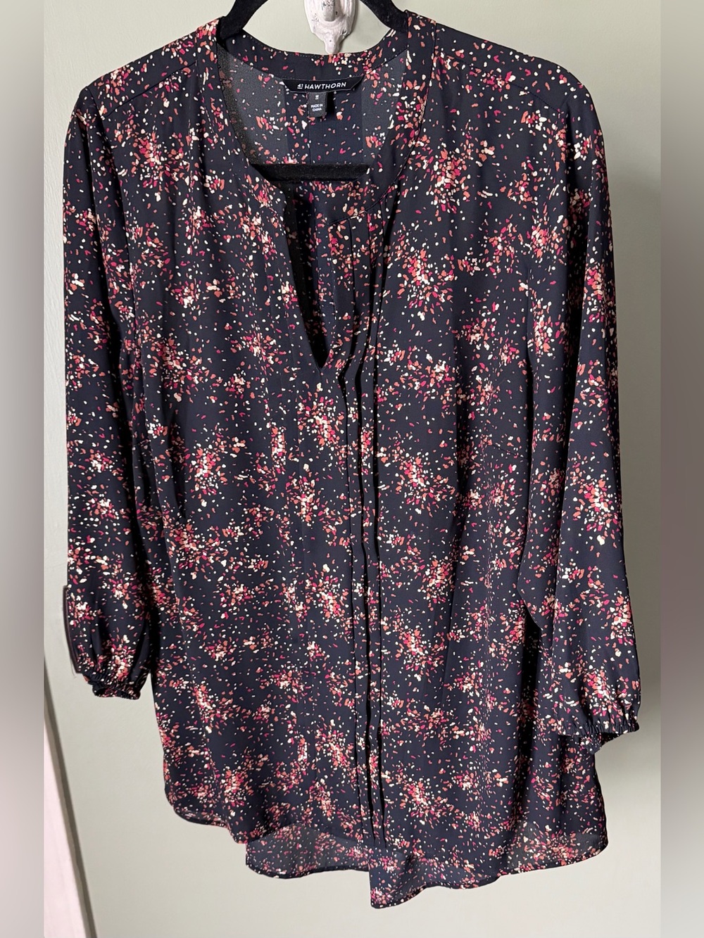 41 Hawthorn 1X Navy Floral Print Long Sleeve Blouse